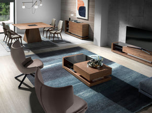 Sideboard in walnut, brushed steel and black glass top
