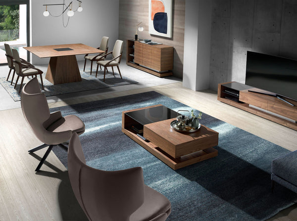 Sideboard in walnut, brushed steel and black glass top