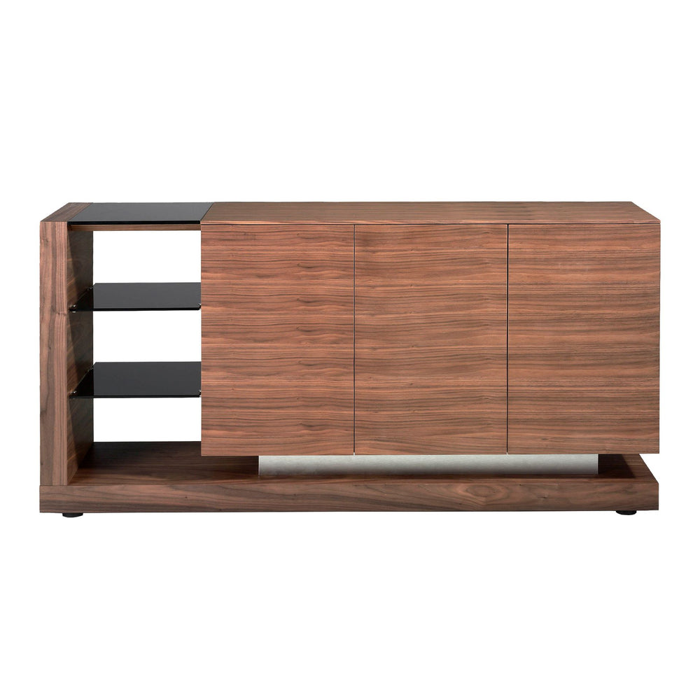 Sideboard in walnut, brushed steel and black glass top