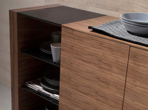 Sideboard in walnut, brushed steel and black glass top