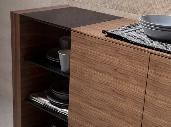 Sideboard in walnut, brushed steel and black glass top