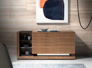 Sideboard in walnut, brushed steel and black glass top