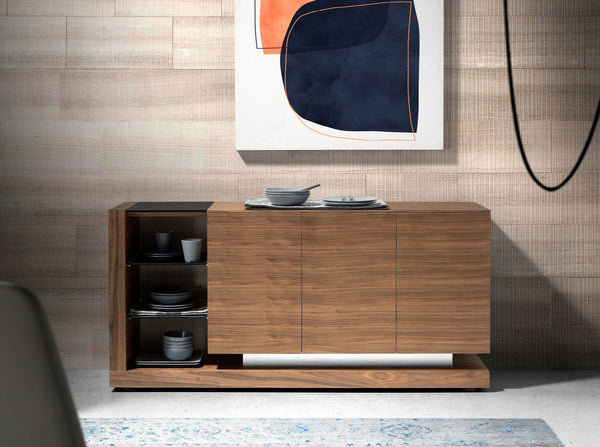 Sideboard in walnut, brushed steel and black glass top