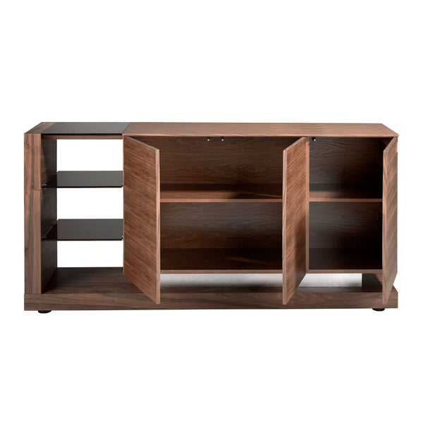 Sideboard in walnut, brushed steel and black glass top