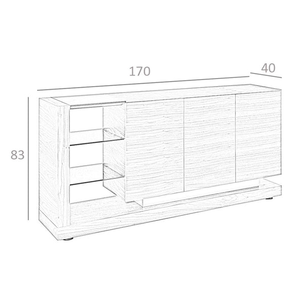 Sideboard in walnut, brushed steel and black glass top