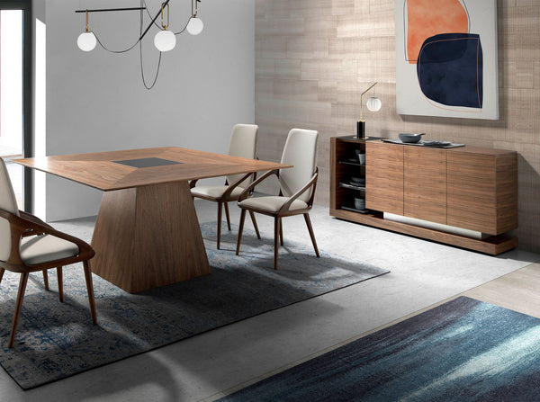 Sideboard in walnut, brushed steel and black glass top