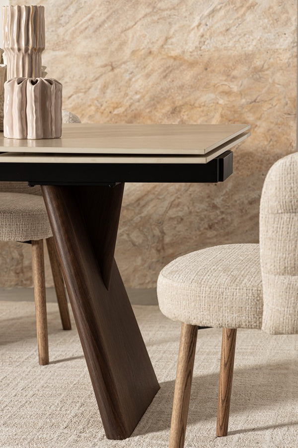 Extendable Dining Table 200–300 cm Walnut Finish with Travertine Effect Top