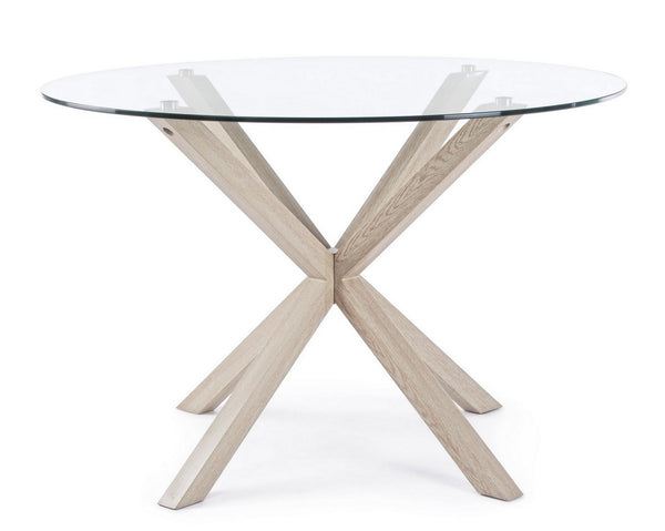 Round Dining Table Ø114 cm Glass Top with Natural Wood Legs