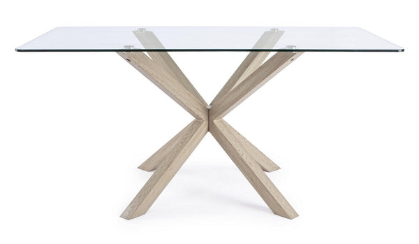 Rectangular Dining Table 160 cm Glass Top with Natural Wood Legs