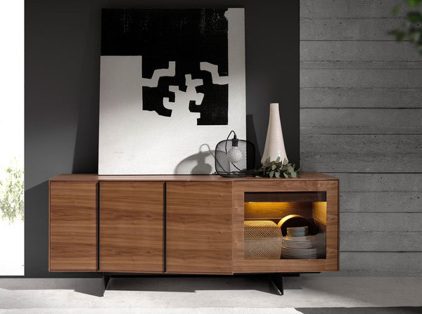 Walnut and black steel sideboard with interior lighting