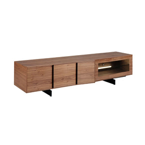Walnut and black steel television cabinet with interior lighting