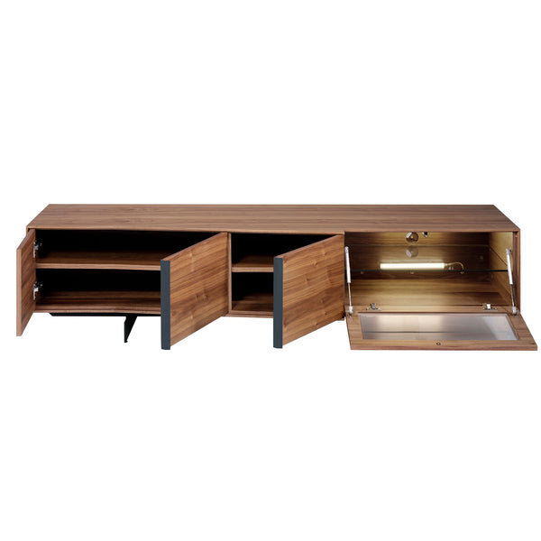 Walnut and black steel television cabinet with interior lighting