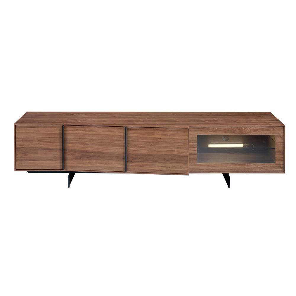 Walnut and black steel television cabinet with interior lighting
