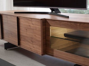 Walnut and black steel television cabinet with interior lighting