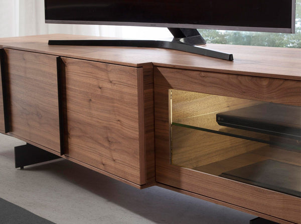 Walnut and black steel television cabinet with interior lighting