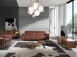 Walnut and black steel television cabinet with interior lighting