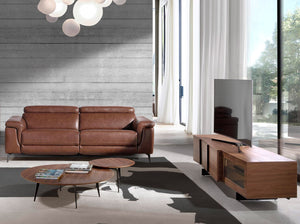 Walnut and black steel television cabinet with interior lighting