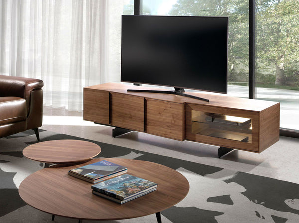 Walnut and black steel television cabinet with interior lighting