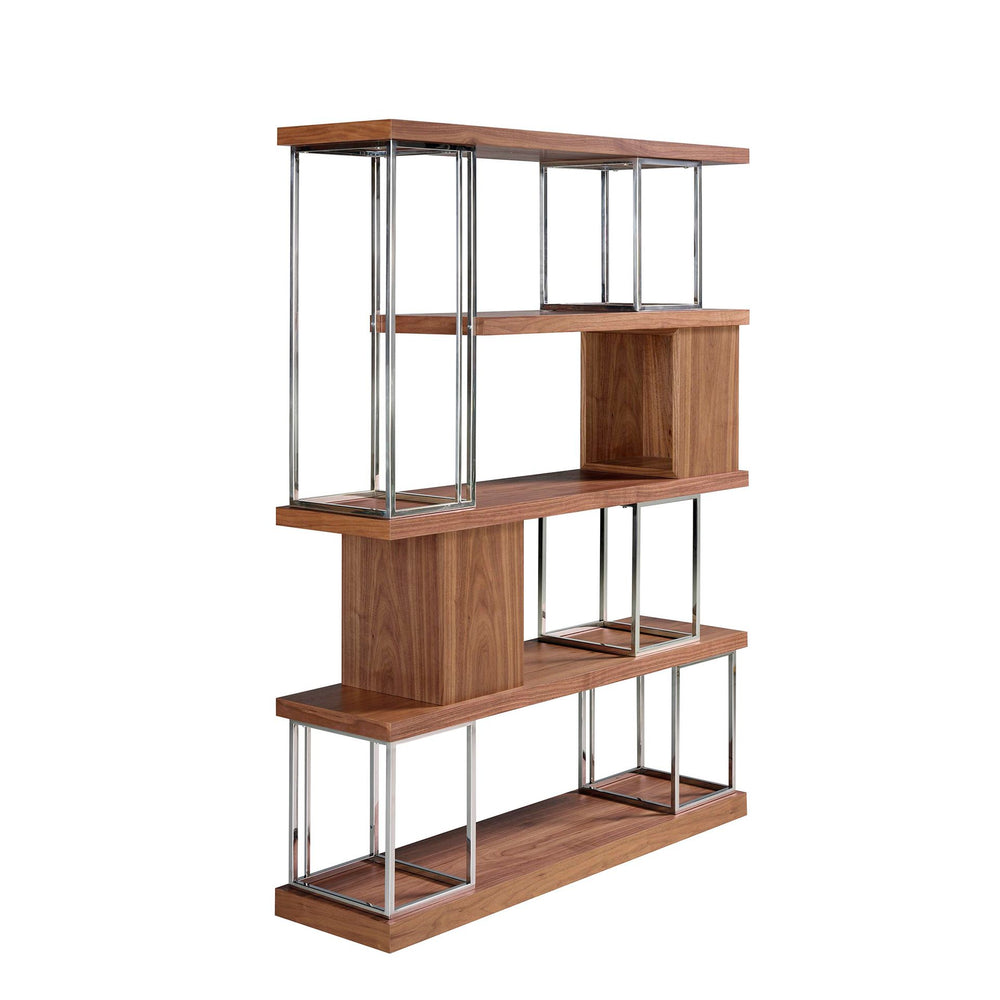 Walnut and chromed stainless steel shelving