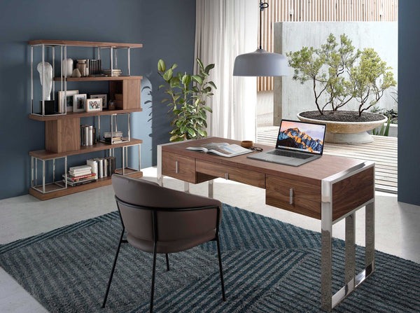 Walnut and chromed stainless steel shelving