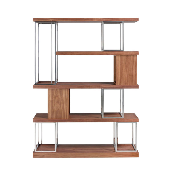 Walnut and chromed stainless steel shelving