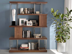 Walnut and chromed stainless steel shelving