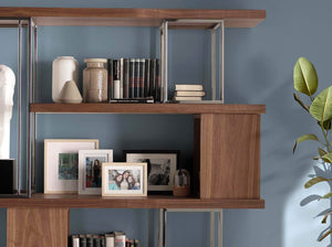 Walnut and chromed stainless steel shelving
