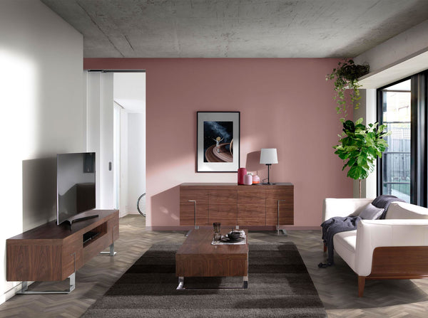 Television stand in walnut and chromed steel