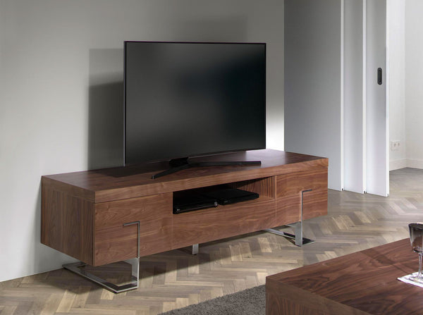 Television stand in walnut and chromed steel