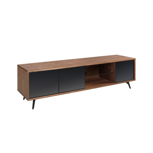 Television stand in black glass with mirror effect, walnut and black steel