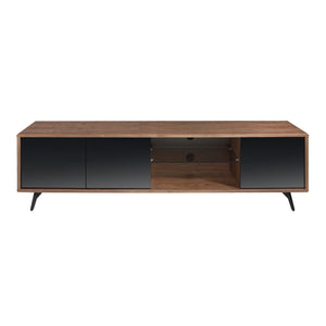 Television stand in black glass with mirror effect, walnut and black steel