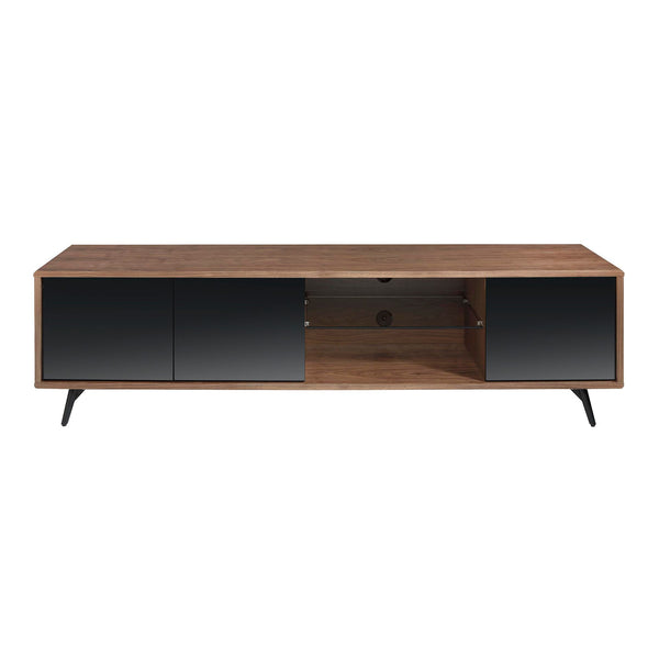 Television stand in black glass with mirror effect, walnut and black steel