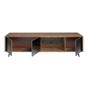 Television stand in black glass with mirror effect, walnut and black steel