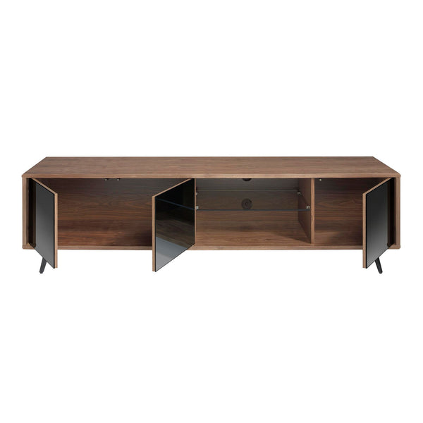 Television stand in black glass with mirror effect, walnut and black steel