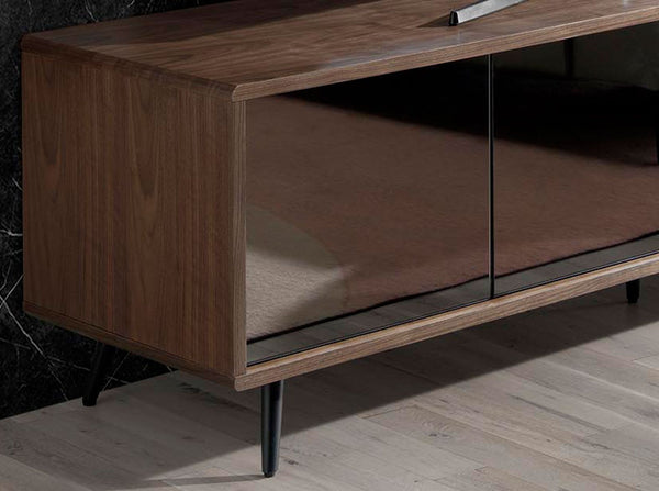 Television stand in black glass with mirror effect, walnut and black steel