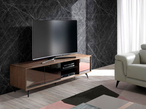 Television stand in black glass with mirror effect, walnut and black steel