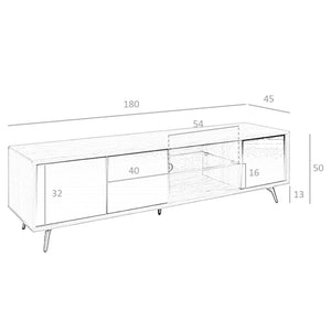 Television stand in black glass with mirror effect, walnut and black steel