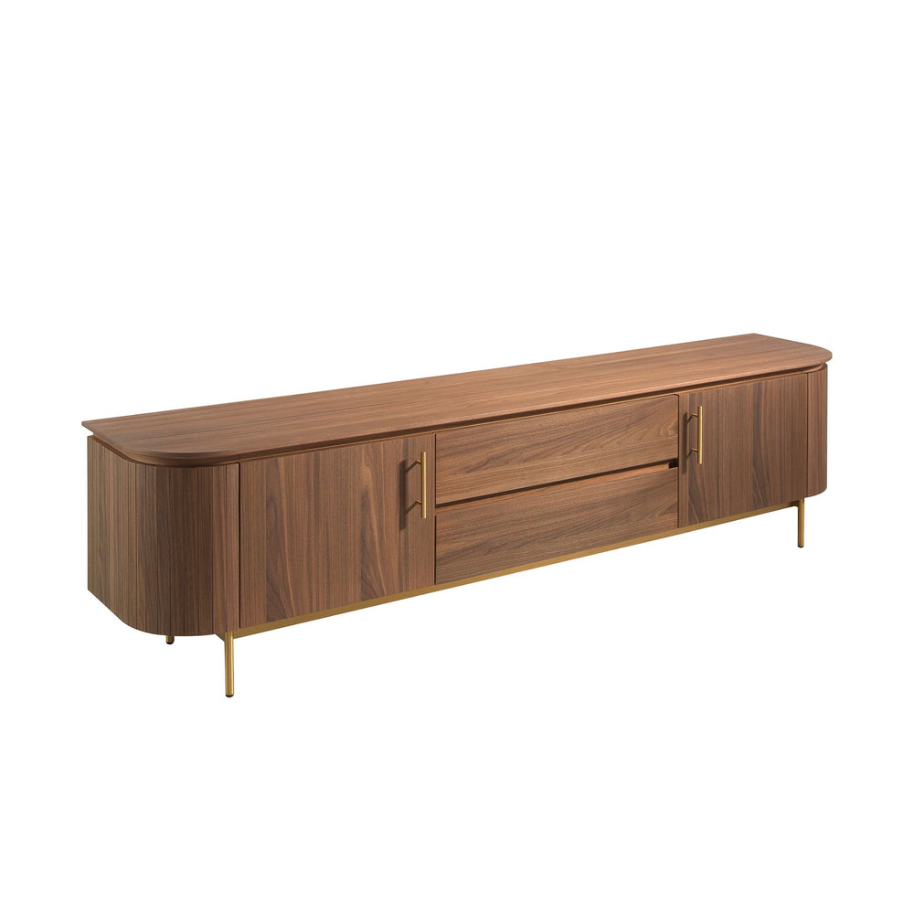 TV stand in walnut and polished gold steel