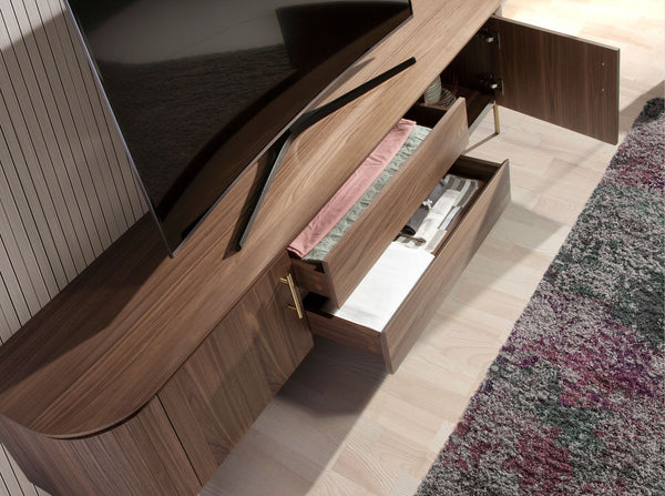 TV stand in walnut and polished gold steel