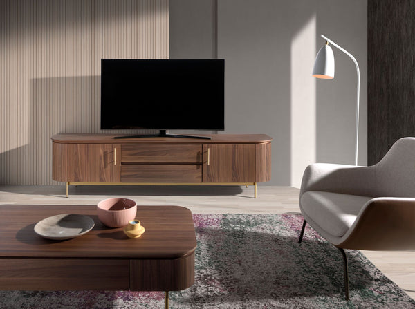 TV stand in walnut and polished gold steel
