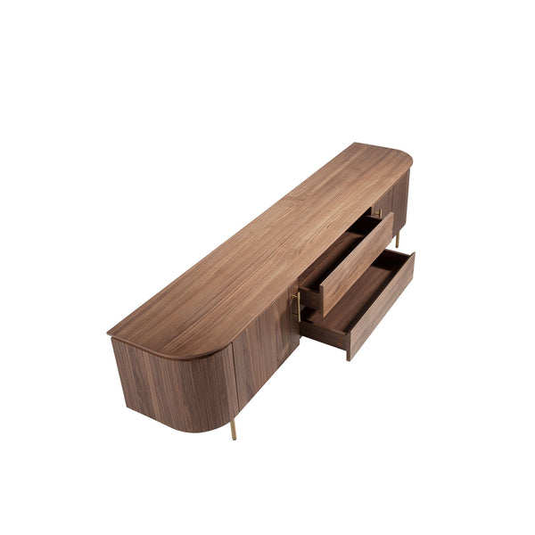 TV stand in walnut and polished gold steel