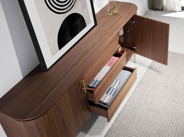 Walnut and polished gold steel sideboard