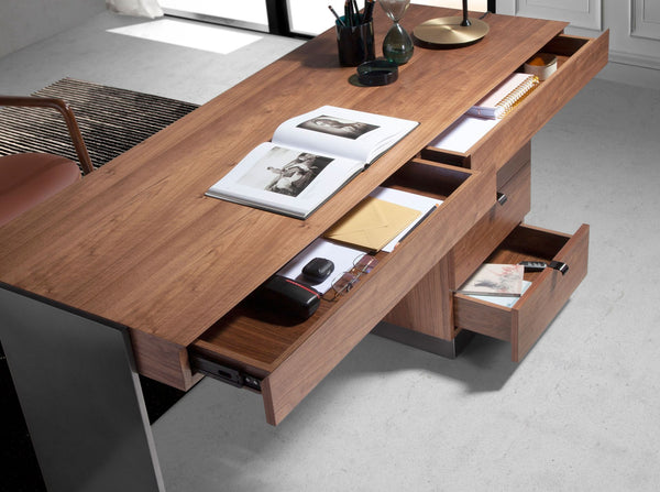 Table in walnut and darkened polished steel