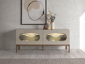 Walnut and gray sideboard with interior lighting
