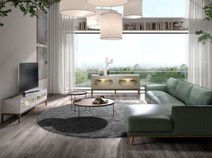 Walnut and gray sideboard with interior lighting