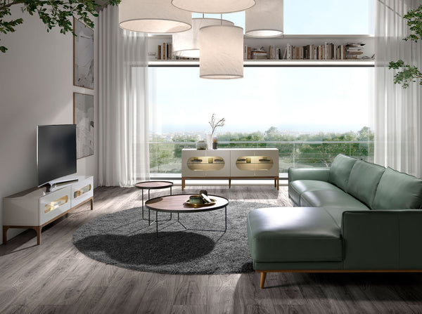 Walnut and gray sideboard with interior lighting
