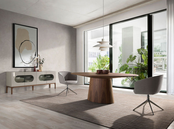 Walnut and gray sideboard with interior lighting