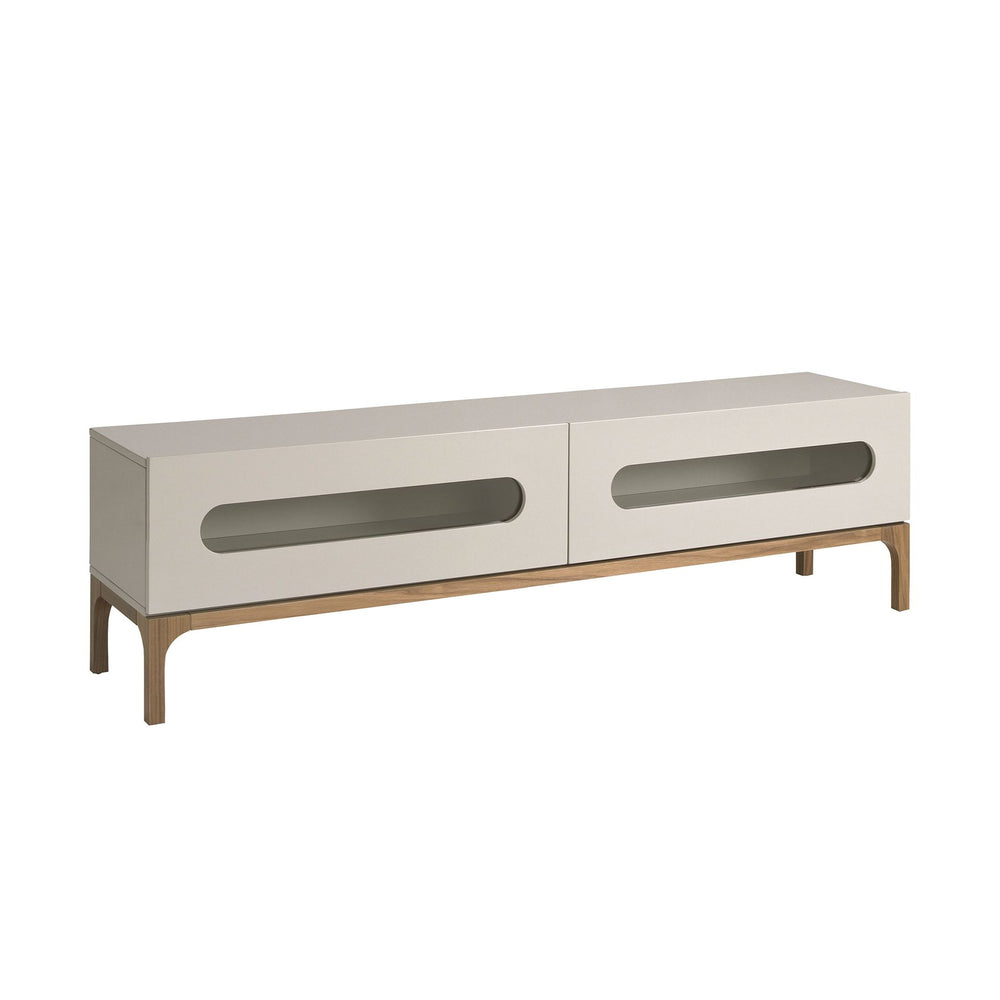 Walnut and gray TV stand with interior lighting