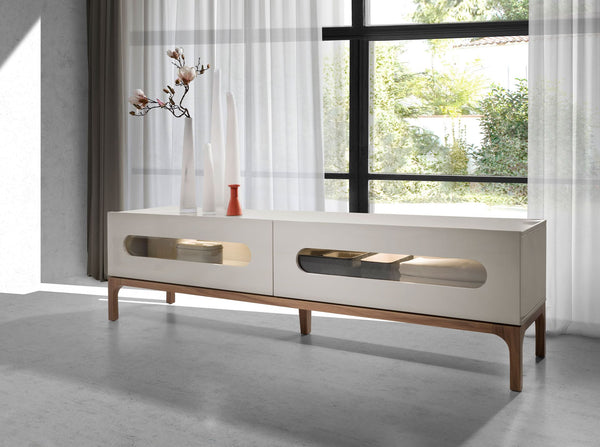 Walnut and gray TV stand with interior lighting