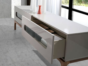Walnut and gray TV stand with interior lighting